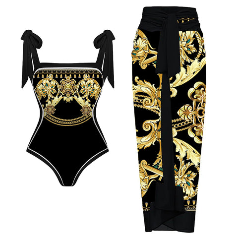 Reversible Tie-shoulder One Piece Swimsuit and Sarong