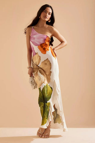 Oblique Shoulder Blossom Print Dress