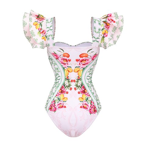Ruffle Cut Out Lemon Floral Pattern Print One Piece Swimsuit and Skirt
