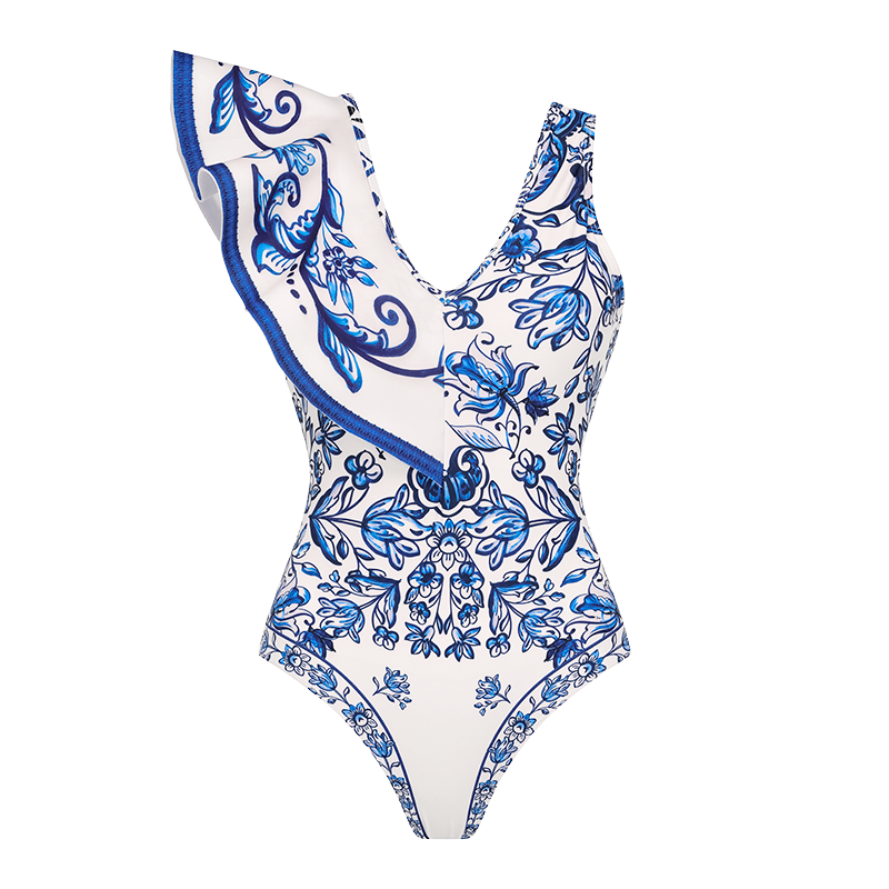 Ruffle V Neck Blue and White Porcelain Majolica Pattern Print One Piece Swimsuit and Skirt or Sarong	