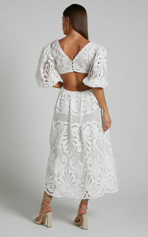 V Neck Puff Sleeve Lace Dress