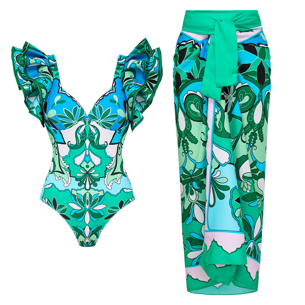 Ruffle Sleeves Blue and Green Pattern One Piece purple	