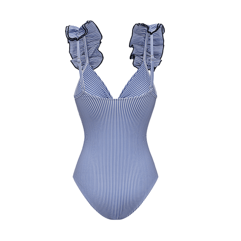 One Shoulder Ruffle Stripe Print One Piece Swimsuit and Skirt