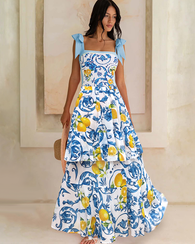 Lemon Print Tie-shoulder One Piece purple or Skirt Flaxmaker	