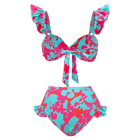 Printed Ruffled Starp High Waist Bikini Swimsuit and Skirt