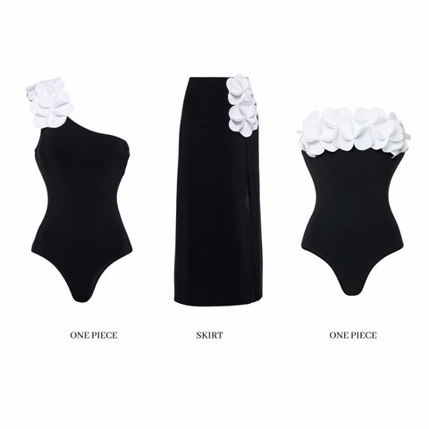 Oblique Shoulder 3D Flower Color Block One Piece Swimsuit And Skirt