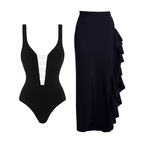 Cutout Color Block One Piece Swimsuit and Skirt