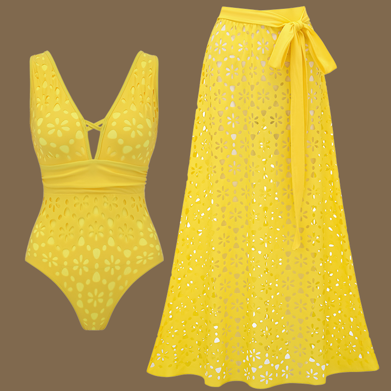Yellow Color Laser Cutting Flower Hollow One Piece Swimsuit and Skirt	