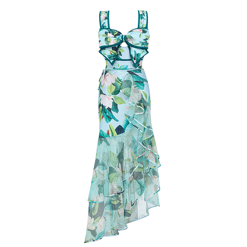Bow Decor Mangnolia Print One Piece Swimsuit and Skirt	