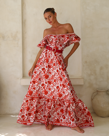 Bandeau Ruffled Red Flower Silhouette Print One Piece Swimsuit and Skirt