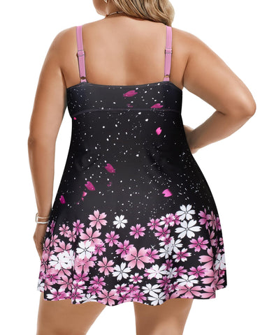 Women's Two Piece Swim Dress Plus Size Tummy Control Tankinis Swimdress Floral Printed Swimwear Swimsuits with Boyshort