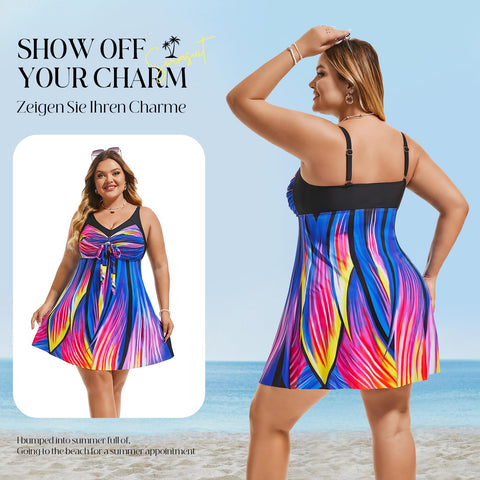 Women's Two Piece Swim Dress Plus Size Tummy Control Tankinis Swimdress Floral Printed Swimwear Swimsuits with Boyshort