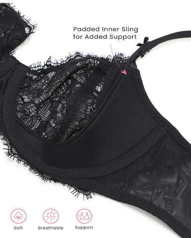 Women's Sexy Lace Push Up Plus Size Bra Sheer Balconette Underwire Unlined