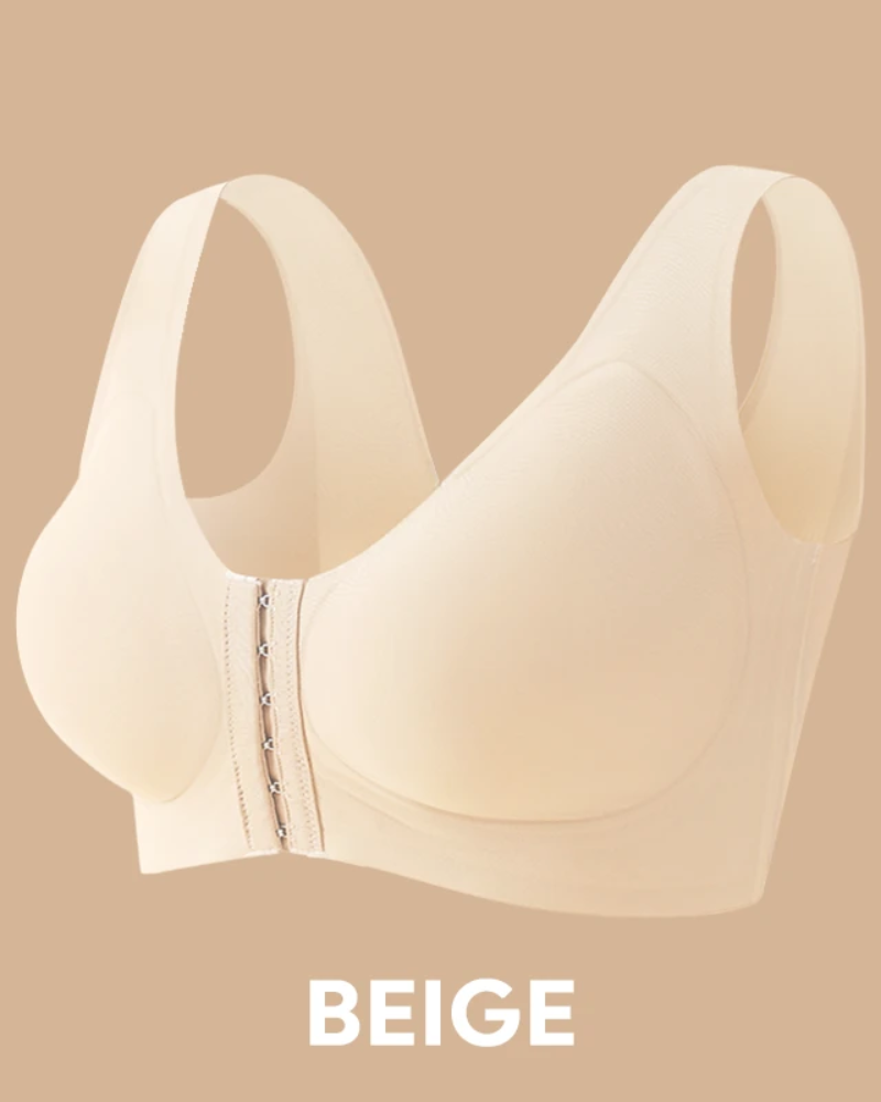 Seamless front-closure cross-back shaping bra.