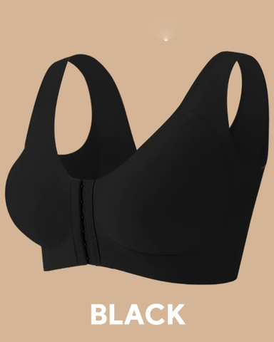 Seamless front-closure cross-back shaping bra.