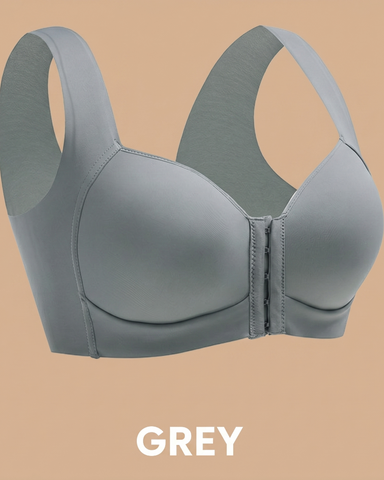 Seamless front-closure cross-back shaping bra.