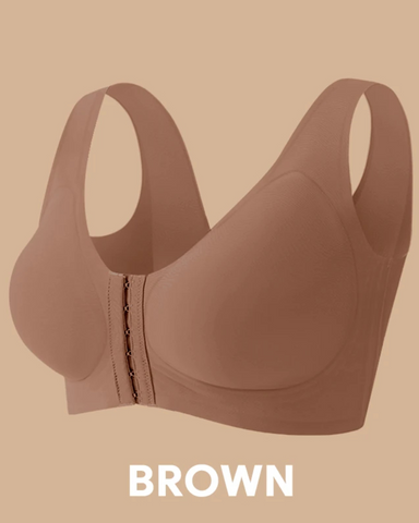 Seamless front-closure cross-back shaping bra.