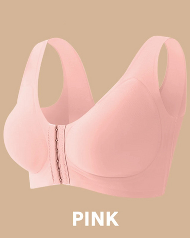 Seamless front-closure cross-back shaping bra.