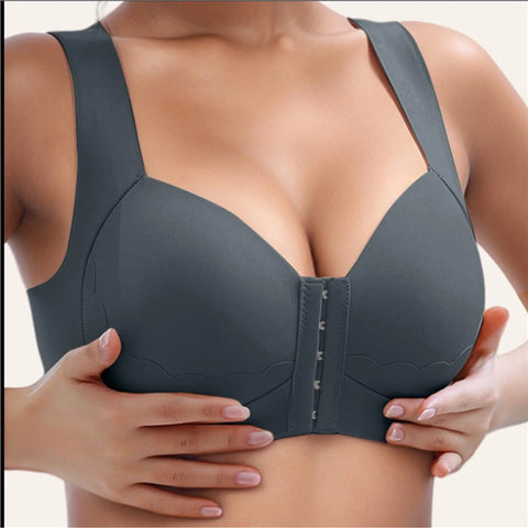Seamless front-closure cross-back shaping bra.