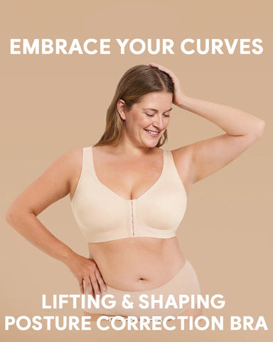 Seamless front-closure cross-back shaping bra.