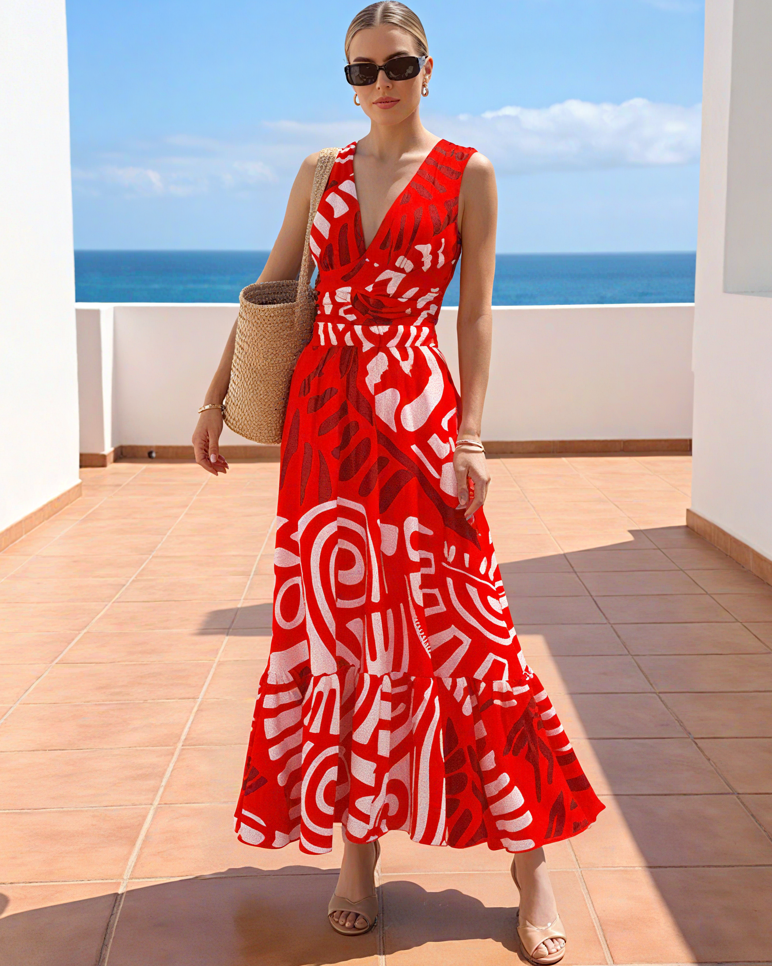 V Neck Red Ring Decorate Printed Swimsuit Set(s)	