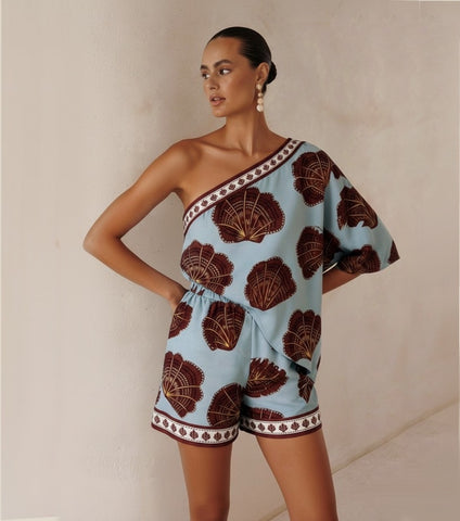 Shell Print Asymmetric Shoulder Two-Piece