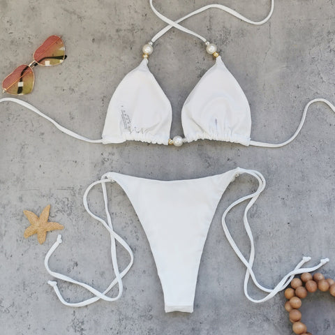 Lace Up Solid Color Bikini	
