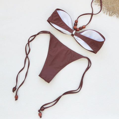 Lace Up Solid Color Bikini	