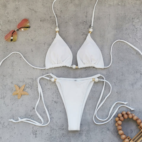 Lace Up Solid Color Bikini	