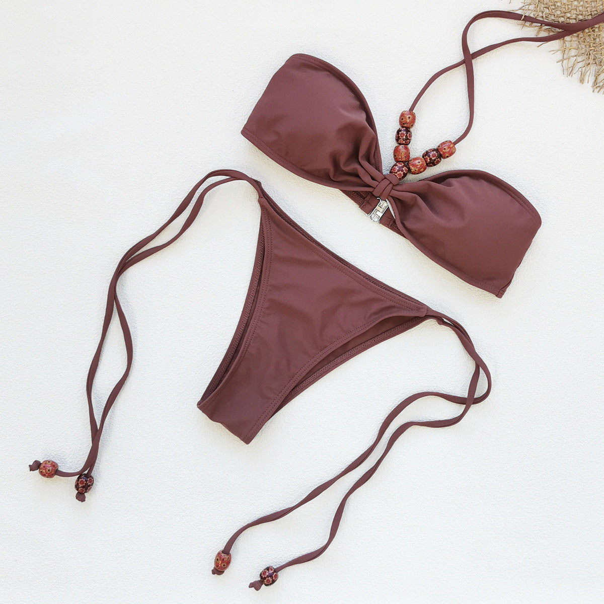 Lace Up Solid Color Bikini	
