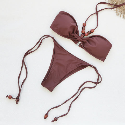 Lace Up Solid Color Bikini	
