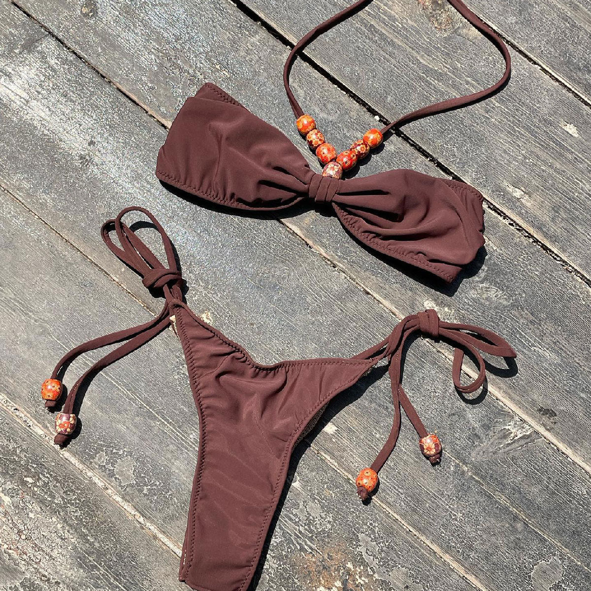 Lace Up Solid Color Bikini	