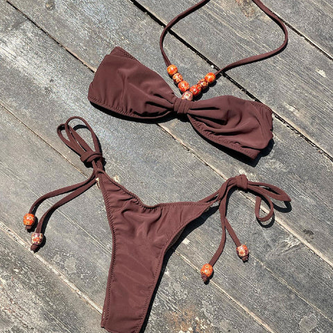 Lace Up Solid Color Bikini	