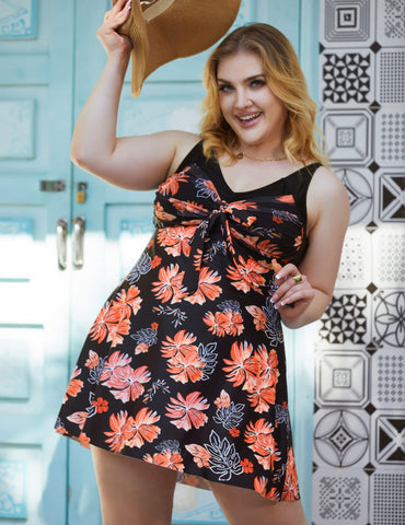 Women's Two Piece Swim Dress Plus Size Tummy Control Tankinis Swimdress Floral Printed Swimwear Swimsuits with Boyshort