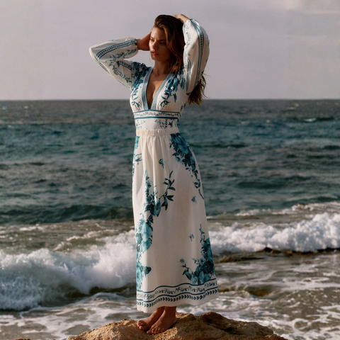 Dark Cyan Long Sleeved Floral SwimsuitL Set(s)