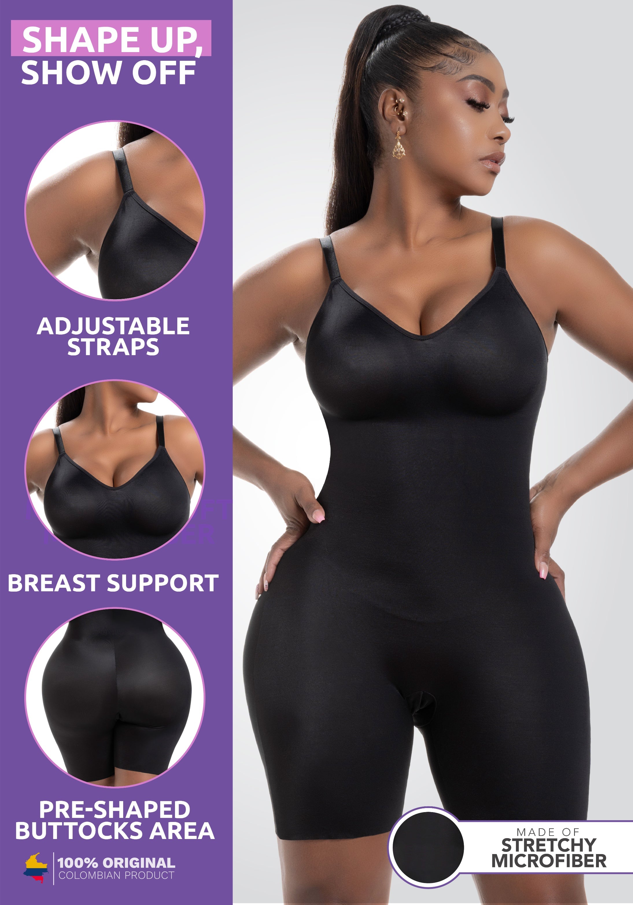 Comfy Tummy Control Shapewear Bodysuit Mid Thigh With Built-In Bra | Daily Use	