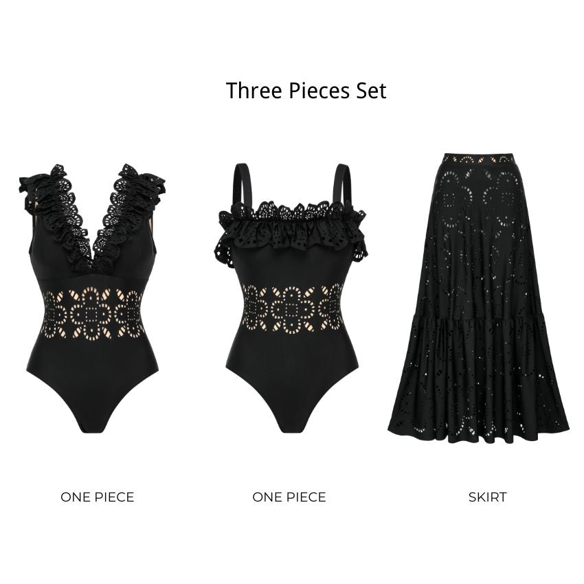 Ruffle Black Laser Cutting Flower Hollow Swimsuit Set(s)	