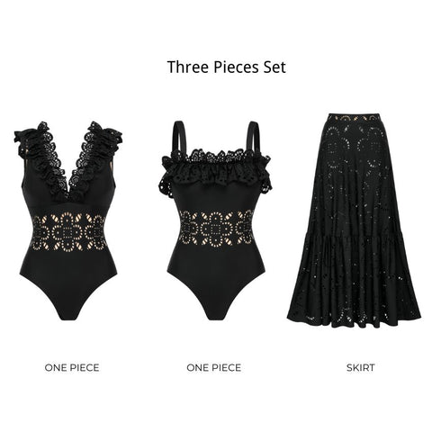 Ruffle Black Laser Cutting Flower Hollow Swimsuit Set(s)	