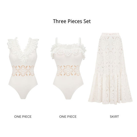 Ruffle White Laser Cutting Flower Hollow Swimsuit Set(s)