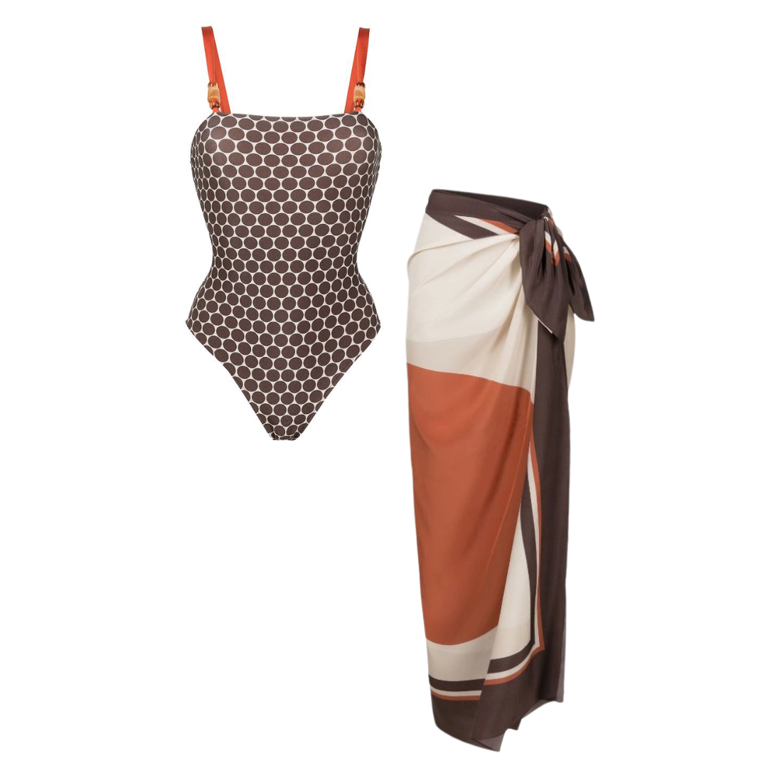 Reversible Graphic Printed Beaded One Piece Swimsuit and Sarong