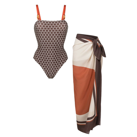 Reversible Graphic Printed Beaded One Piece Swimsuit and Sarong