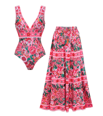 Pink Floral Paradise Print V-neck One Piece Swimsuit and Skirt	