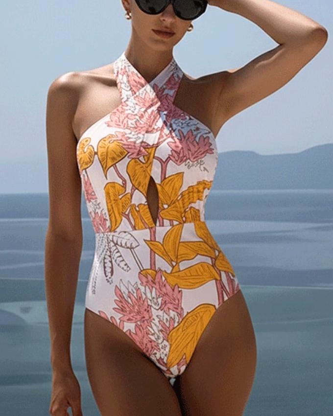 Halter Plant Leaves Print Swimsuit Set(s)	