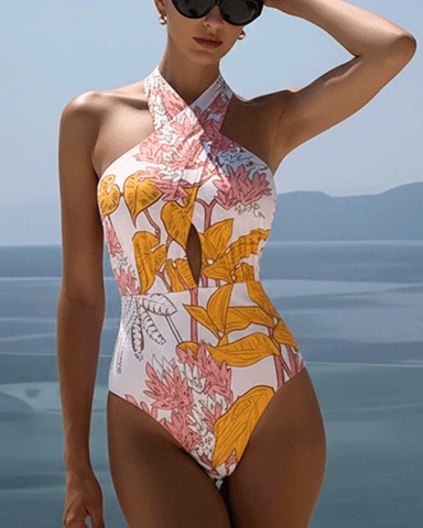 Halter Plant Leaves Print Swimsuit Set(s)	