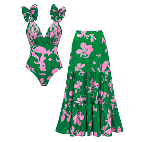 Ruffled Strap Printed One Piece Swimsuit and Skirt