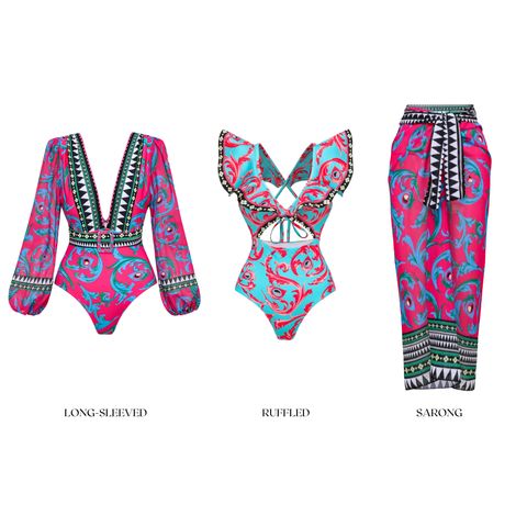 Long-sleeved Peacock Totem Print One Piece Swimsuit and sarong