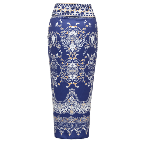 Royal Blue Baroque Print One Piece Swimsuit and Skirt	
