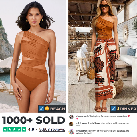 One Shoulder Ruched Rust See Through One Piece Swimsuit and sarong