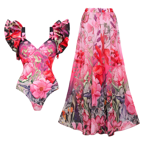 Ruffled Blooming Flowers Print One Piece Swimsuit and sarong