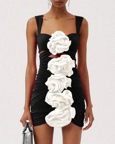 Black 3D Flower Cutout One Piece Swimsuit and Skirt
